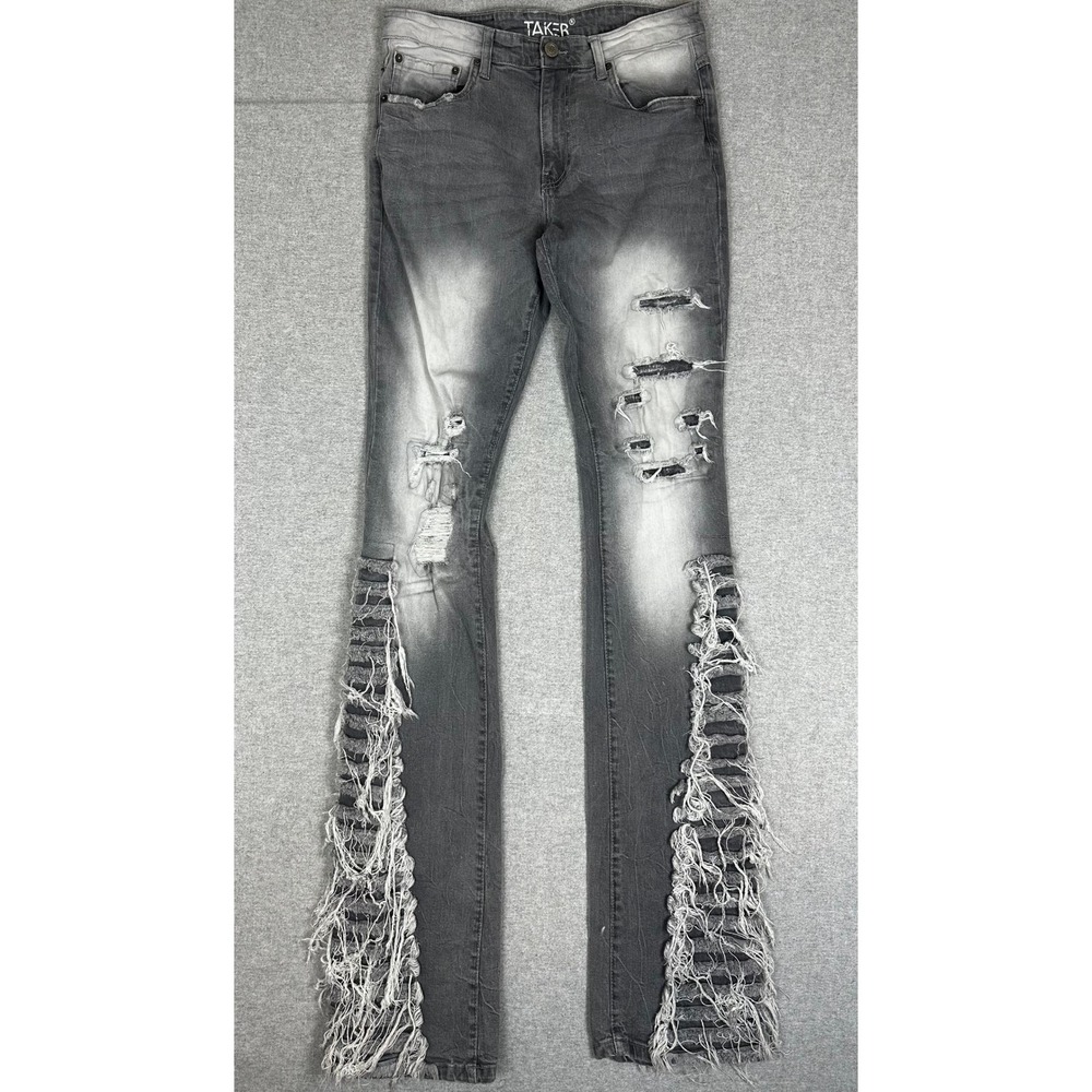 Taker Super Stacked Long Tall Jeans Mens 34x44 Grey Distressed Frayed Flare